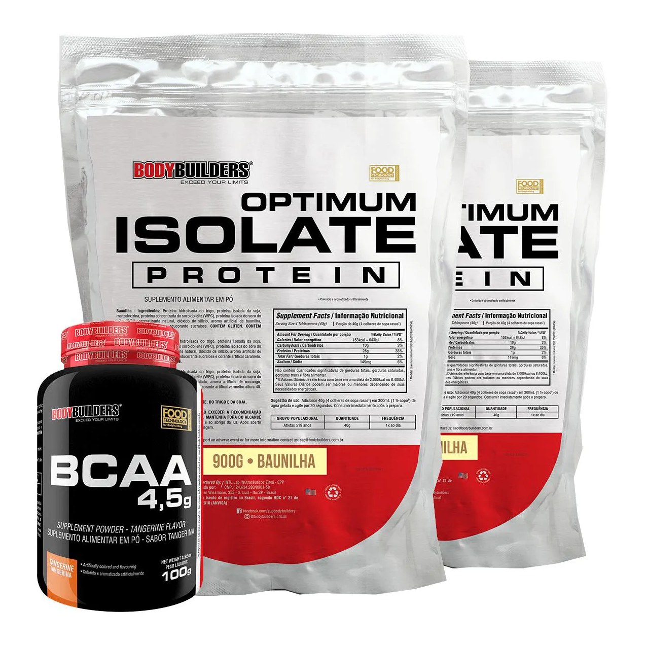 Kit 2x Optimum Isolate Whey Protein 900g + Bcaa 100g - Bodybuilders Sabor Baunilha