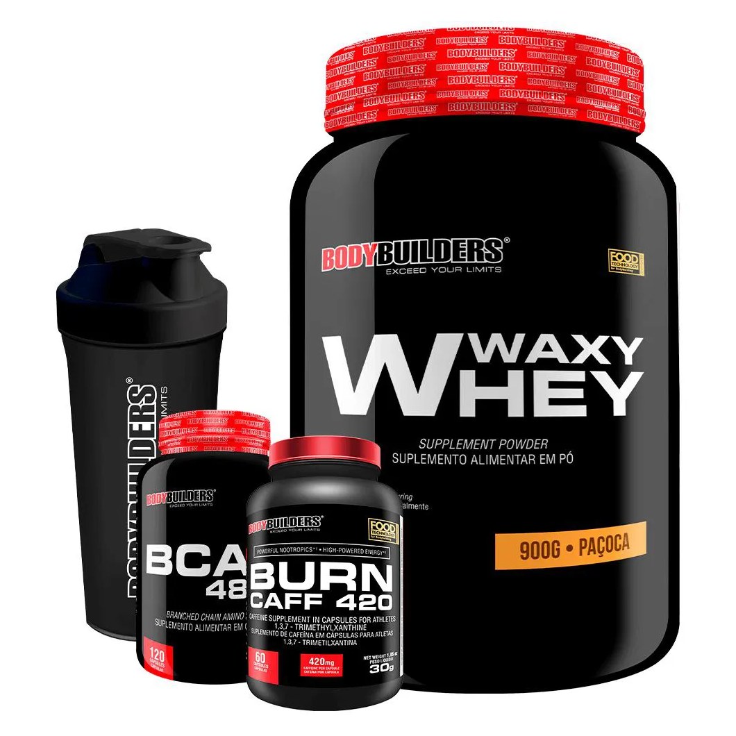 Kit Waxy Whey 900g + Bcaa 4800 120 cápsulas + Pré Treino 60 cápsulas + Coqueteleira - Bodybuilders Paçoca