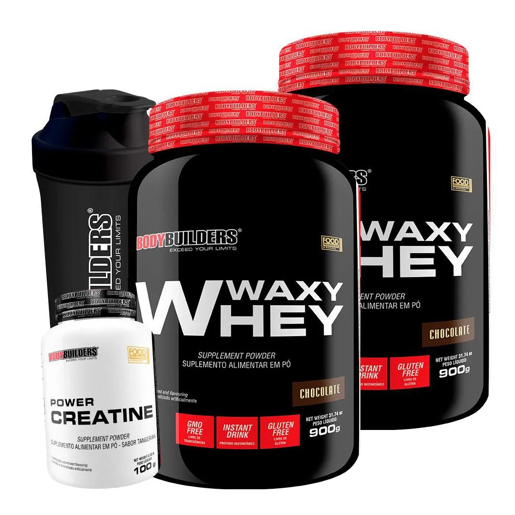 Kit 2x Whey Protein Waxy Whey 900g + Power Creatina 100g + Coqueteleira - Bodybuilders Chocolate