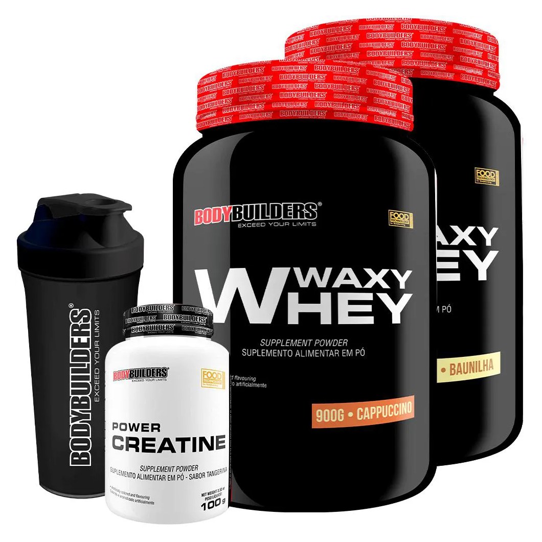 Kit BodyBuilder Whey Protein Waxy Whey Baunilha e Cappuccino 900g 2 unidades + Creatina Power 100g + Coqueteleira