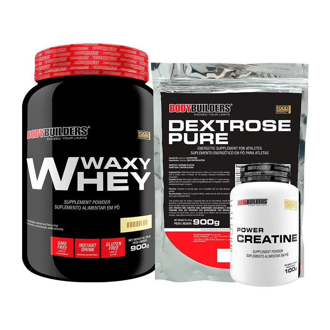 Kit Waxy Whey Protein 900g + Creatina 100g + Dextrose 900g - Bodybuilders Morango