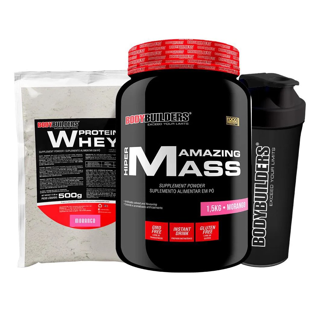 Kit Amazing Mass 1,5kg + Whey Protein 500g + Coqueteleira - Bodybuilders Sabor Morango