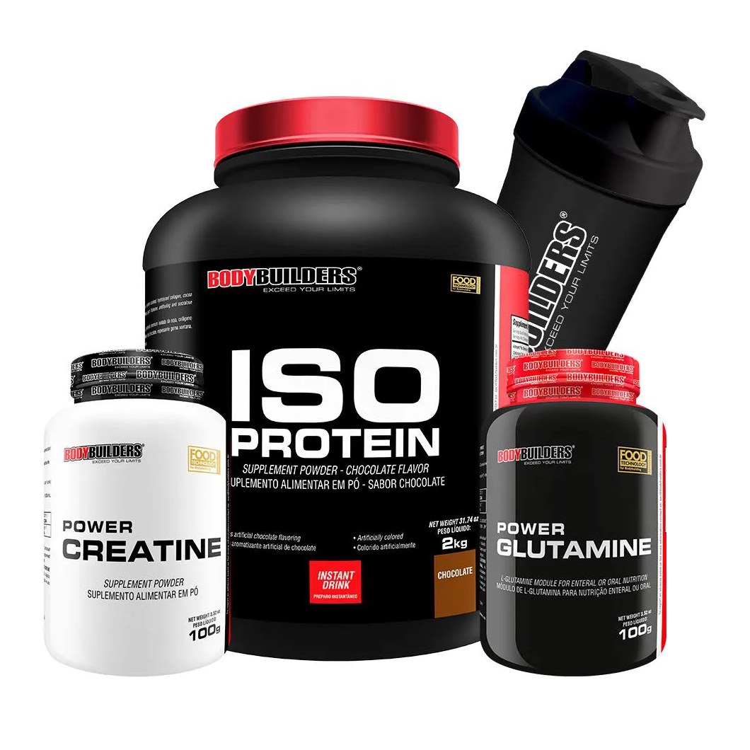 Kit BodyBuilders ISO Protein Chocolate 2kg + Creatina Power Creatine 100g + Glutamina Power Glutamine 100g + Coqueteleira