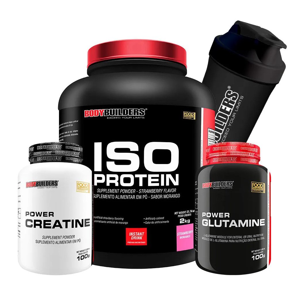 Kit BodyBuilders ISO Protein Morango 2kg + Creatina Power Creatine 100g + Glutamina Power Glutamine 100g + Coqueteleira