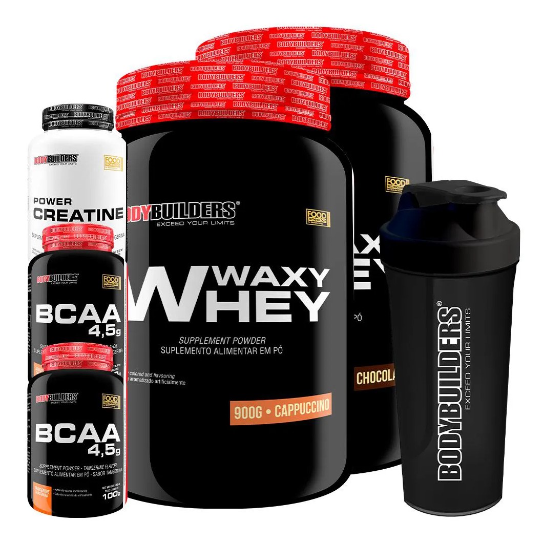 Kit 2x Waxy Whey 900g + 2x Bcaa 4.5 100g + Power Creatina 100g + Coqueteleira - Bodybuilders Chocolate e Cappuccino