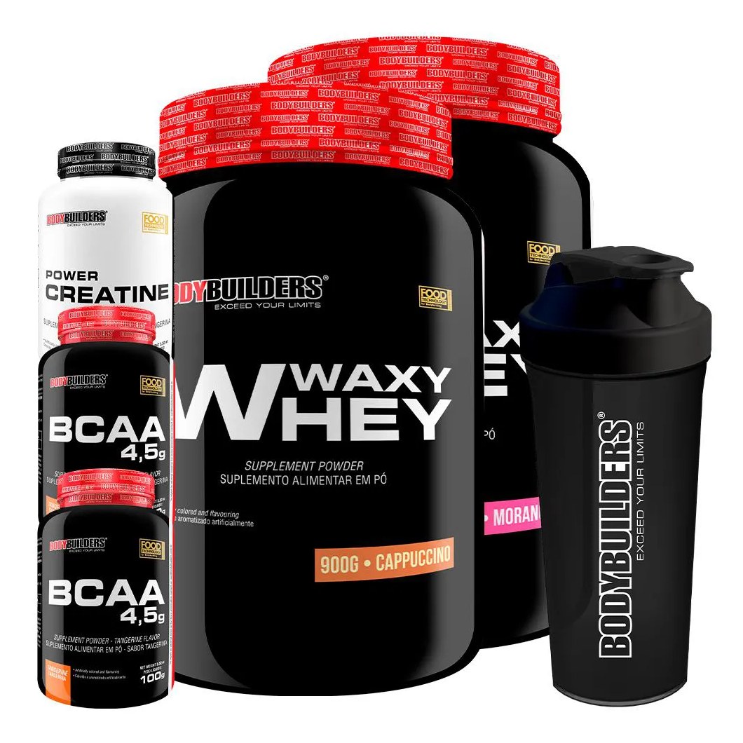 Kit 2x Waxy Whey 900g + 2x Bcaa 4.5 100g + Power Creatina 100g + Coqueteleira - Bodybuilders Morango e Cappuccino