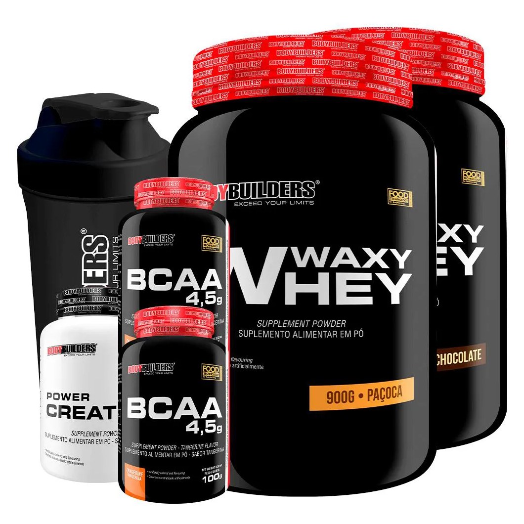 Kit 2x Waxy Whey 900g + 2x Bcaa 4.5 100g + Power Creatina 100g + Coqueteleira - Bodybuilders Chocolate e Paçoca