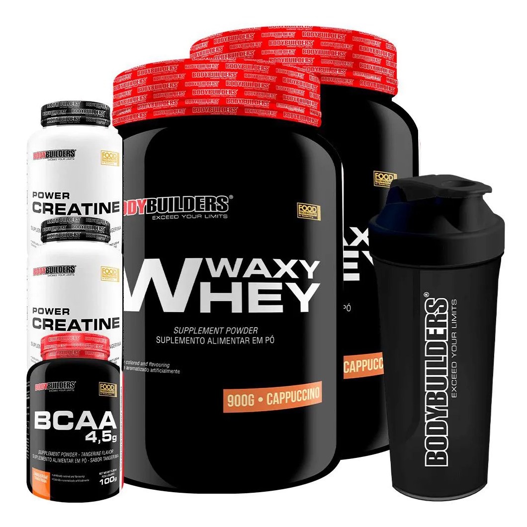 Kit 2x Waxy Whey 900g + Bcaa 4.5 100g + 2x Power Creatina 100g + Coqueteleira - Bodybuilders Cappuccino