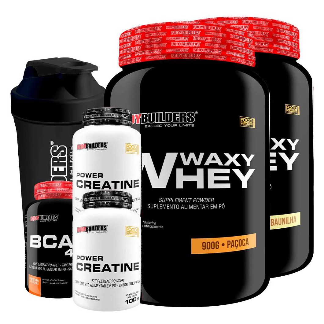 Kit 2x Waxy Whey 900g + Bcaa 4.5 100g + 2x Power Creatina 100g + Coqueteleira - Bodybuilders Baunilha e Paçoca
