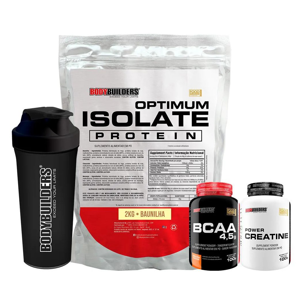Kit Optimum Isolate Whey Protein 2kg + Bcaa 100g + Power Creatina 100g + Coqueteleira Sabor Baunilha - Bodybuilders
