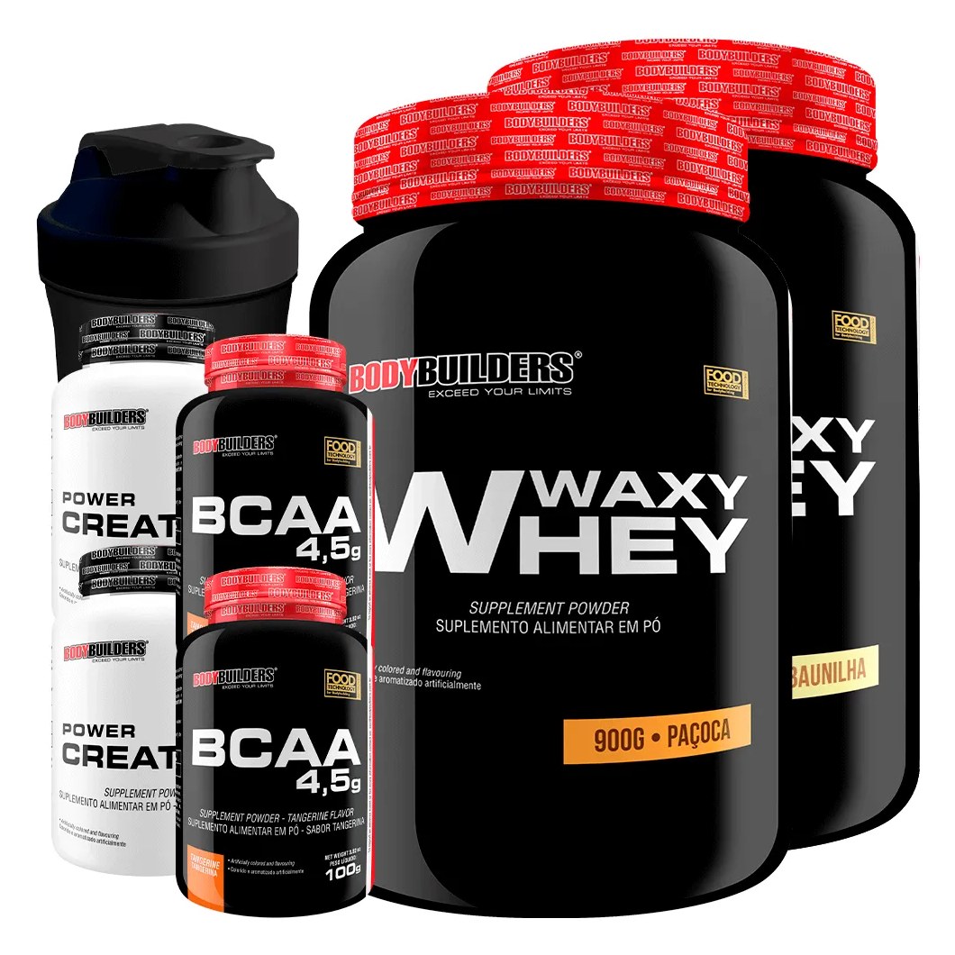 Kit 2x Waxy Whey 900g + 2x Bcaa 100g Tangerina + 2x Power Creatina 100g + Coq - Bodybuilders Baunilha e Paçoca