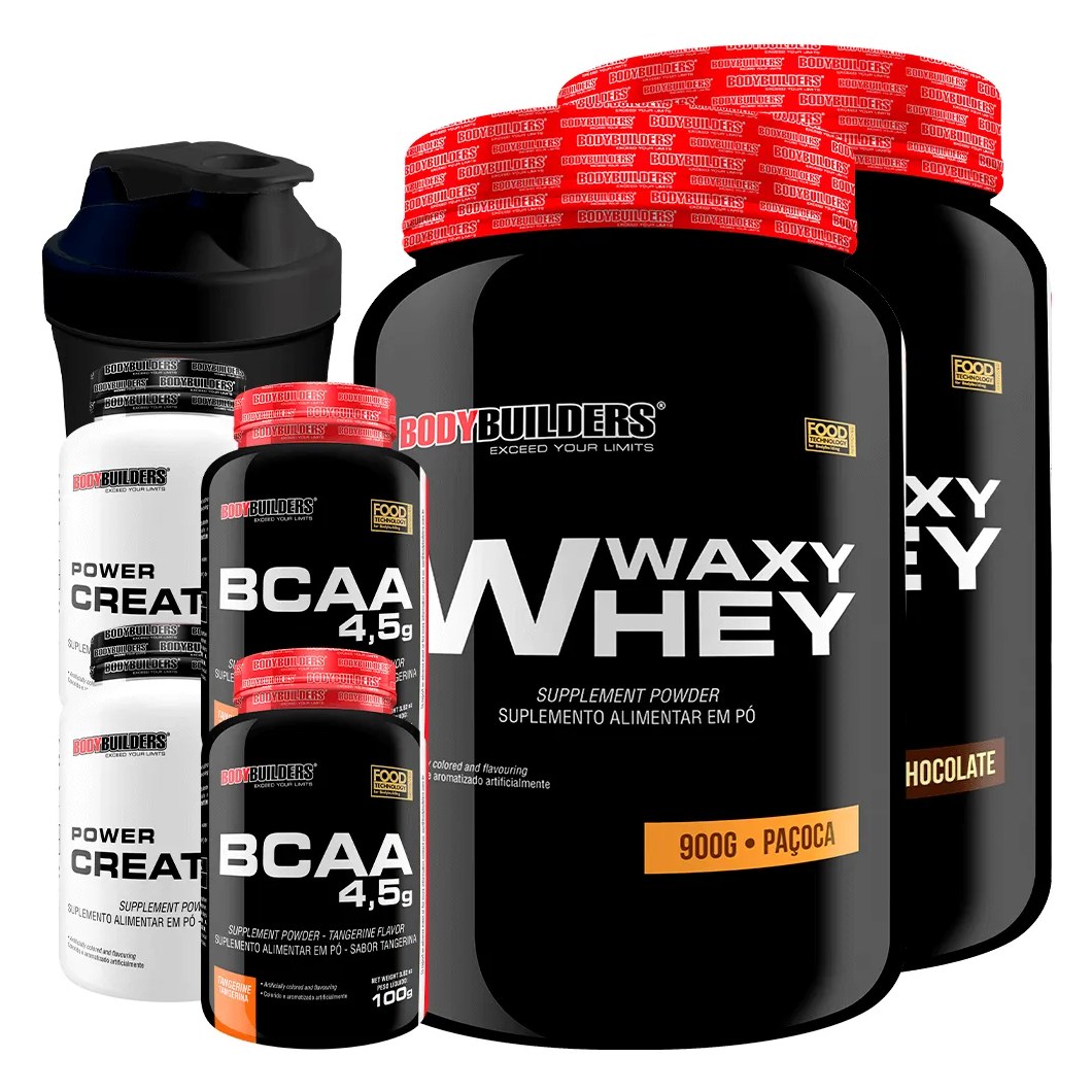 Kit 2x Waxy Whey 900g + 2x Bcaa 100g Tangerina + 2x Power Creatina 100g + Coq - Bodybuilders Chocolate e Paçoca