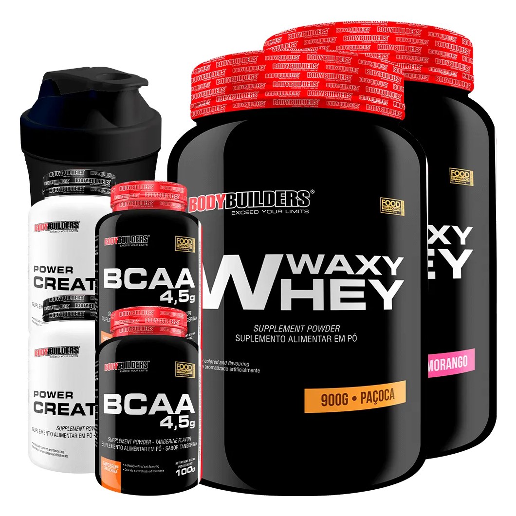Kit 2x Waxy Whey 900g + 2x Bcaa 100g Tangerina + 2x Power Creatina 100g + Coq - Bodybuilders Morango e Paçoca