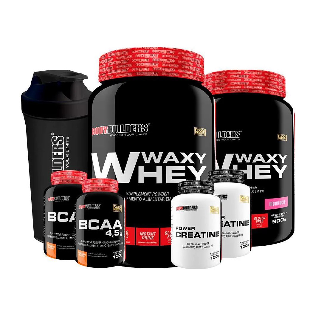 Kit 2x Waxy Whey 900g Sabor Morango e Baunilha + 2x Bcaa 100g Tangerina + 2x Power Creatina 100g + Coqueteleira - Bodybuilders