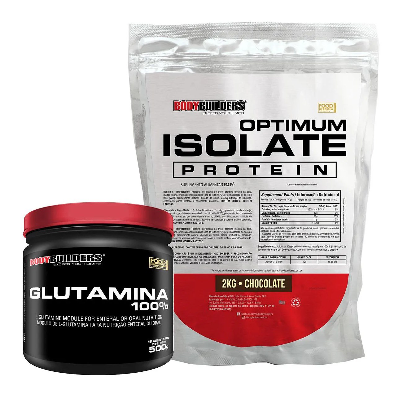 Kit Optimum Isolate Whey Protein 2kg + Glutamina 500g Sabor: Chocolate - Bodybuilders