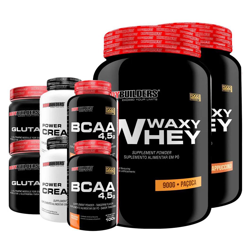 Kit 2x Waxy Whey 900g + 2x Power Creatina 100g + 2x Glutamina 300g + 2x Bcaa 4.5 100g - Bodybuilders Cappuccino e Paçoca