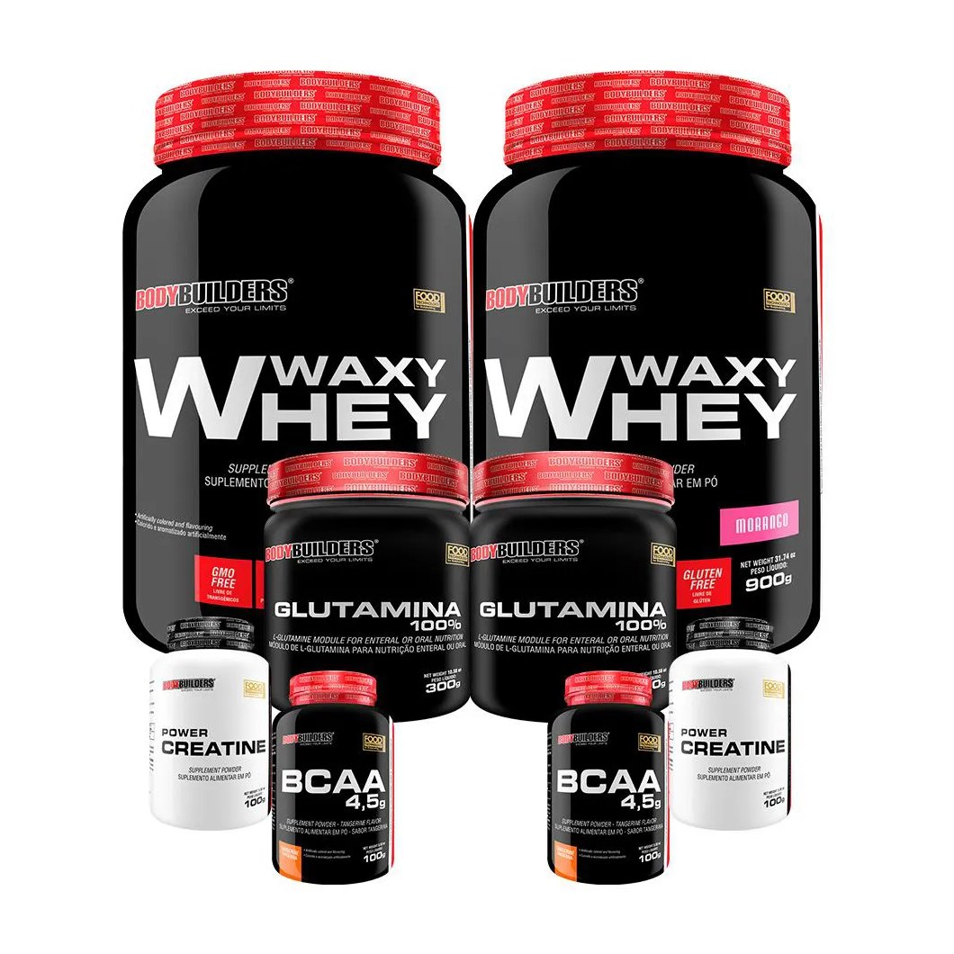 Kit 2x Waxy Whey 900g + 2x Power Creatina 100g + 2x Glutamina 300g + 2x Bcaa 4.5 100g - Bodybuilders Morango