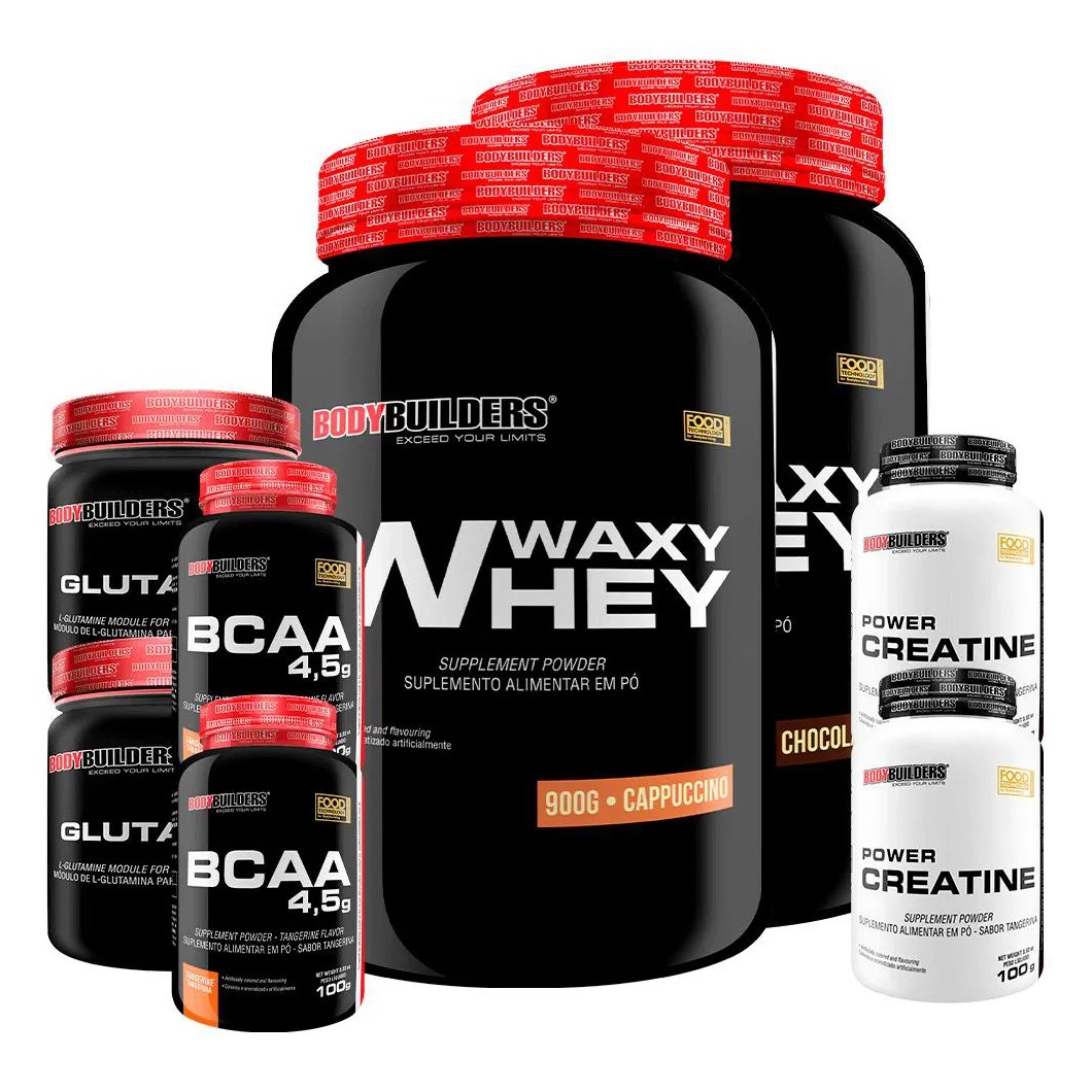 Kit 2x Waxy Whey 900g + 2x Power Creatina 100g + 2x Glutamina 300g + 2x Bcaa 4.5 100g - Bodybuilders Chocolate e Cappuccino