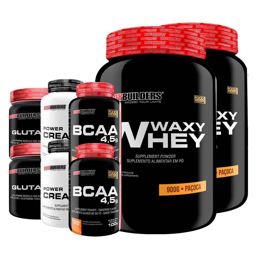 Kit 2x Waxy Whey 900g + 2x Power Creatina 100g + 2x Glutamina 300g + 2x Bcaa 4.5 100g - Bodybuilders Paçoca