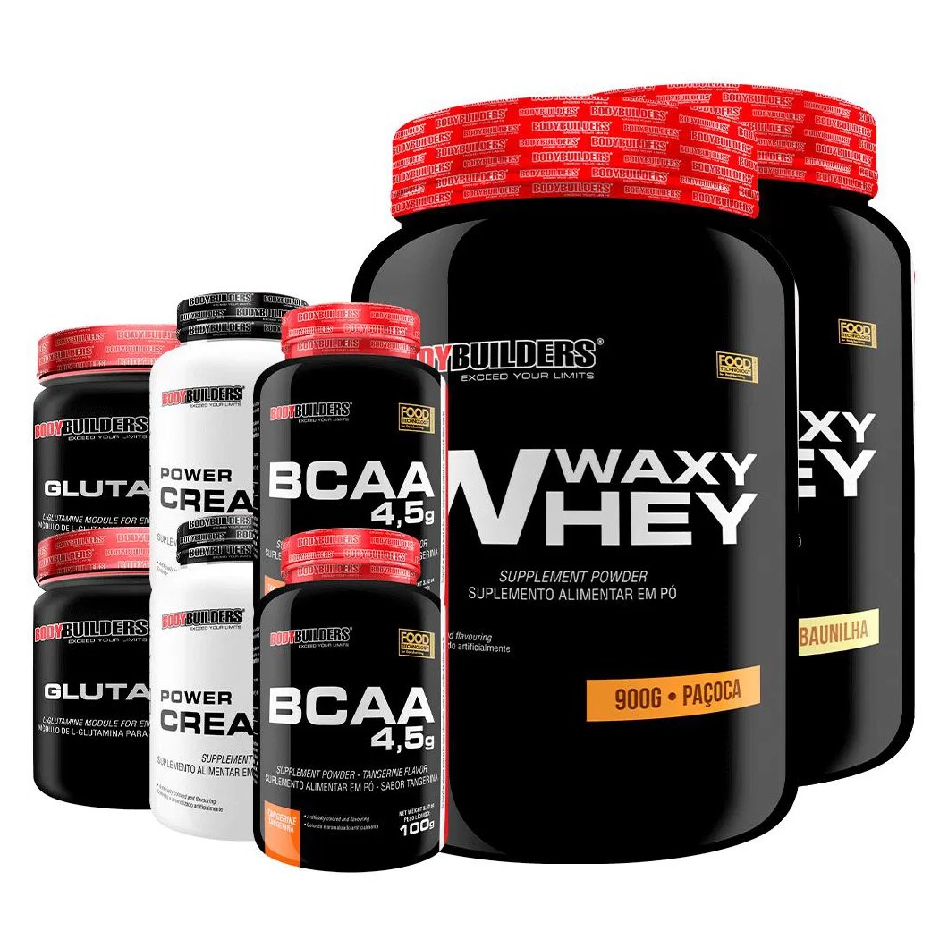 Kit 2x Waxy Whey 900g + 2x Power Creatina 100g + 2x Glutamina 300g + 2x Bcaa 4.5 100g - Bodybuilders Baunilha e Paçoca