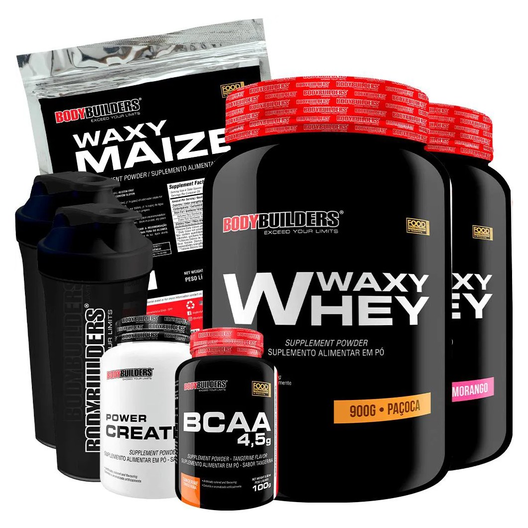 Kit 2x Waxy Whey 900g + Waxy Maize 800g + Power Creatina 100g + Bcaa 4.5 100g + 2x Coqueteleira - Bodybuilders Morango e Paçoca