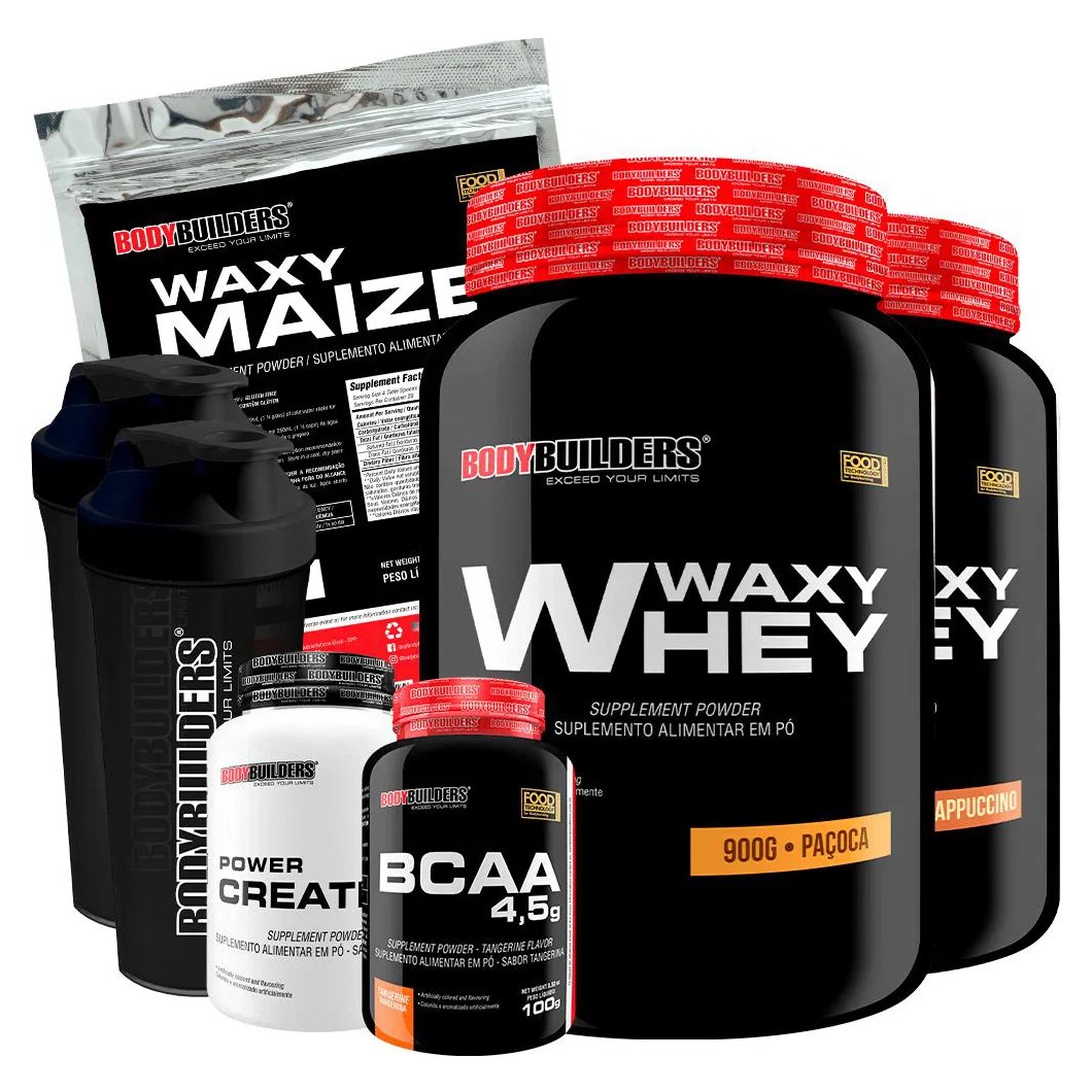 Kit 2x Waxy Whey 900g + Waxy Maize 800g + Power Creatina 100g + Bcaa 4.5 100g + 2x Coqueteleira - Bodybuilders Cappuccino e Paçoca