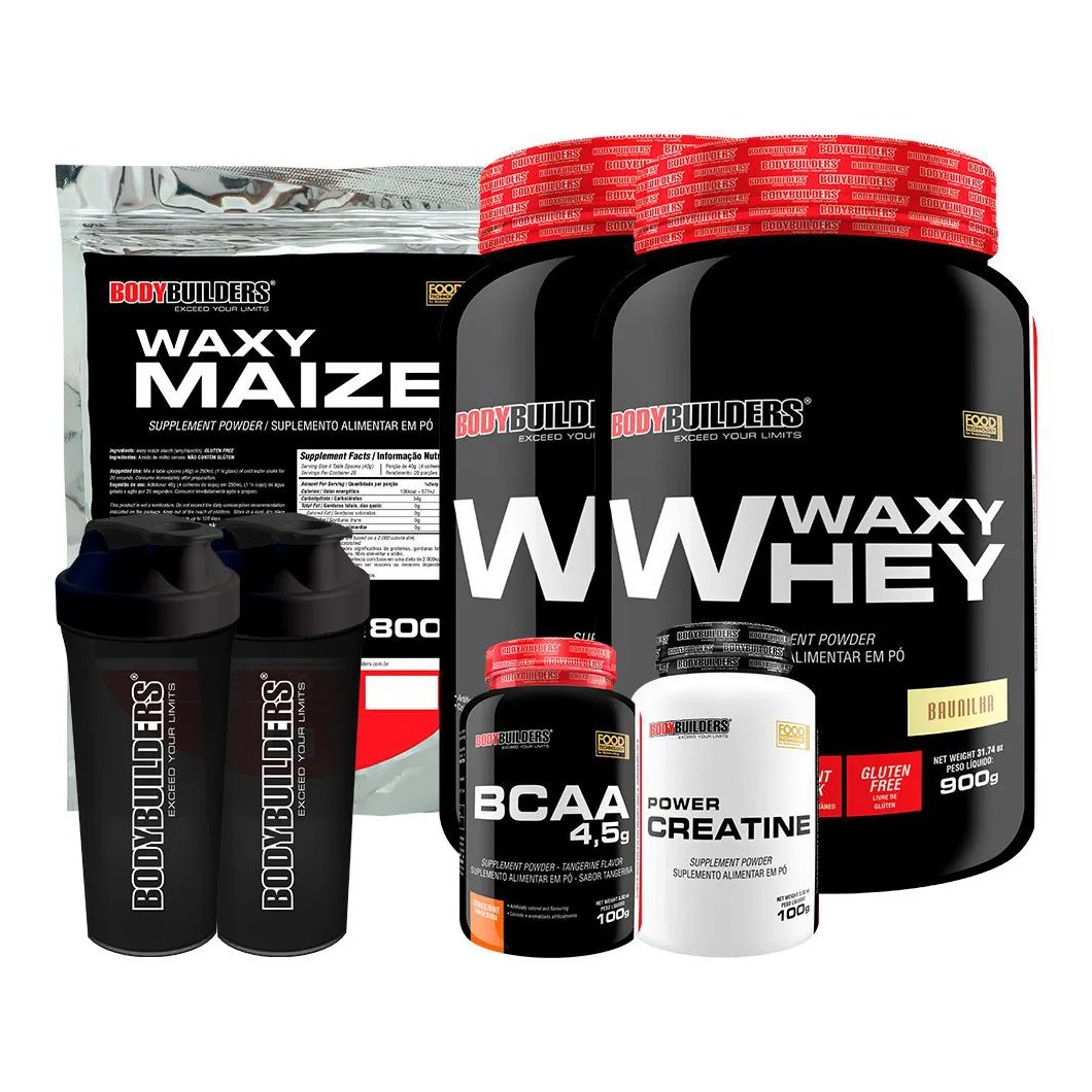 Kit 2x Waxy Whey 900g + Waxy Maize 800g + Power Creatina 100g + Bcaa 4.5 100g + 2x Coqueteleira - Bodybuilders Cappuccino e Chocolate
