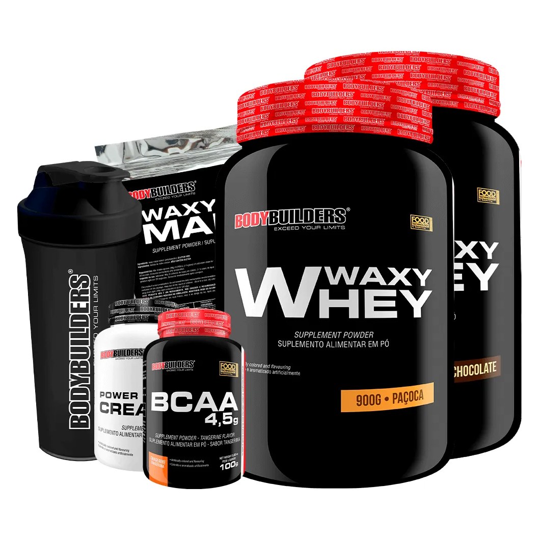 Kit 2x Waxy Whey 900g + Bcaa 100g + Power Creatine 100g + Waxy Maize 800g + Coq – Bodybuilders Chocolate e Paçoca