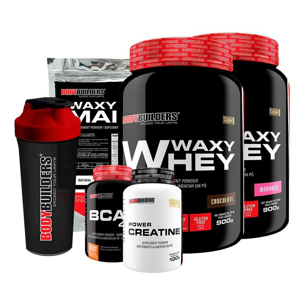 Kit 2x Waxy Whey 900g + Bcaa 100g + Power Creatine 100g + Waxy Maize 800g + Coq – Bodybuilders Morango
