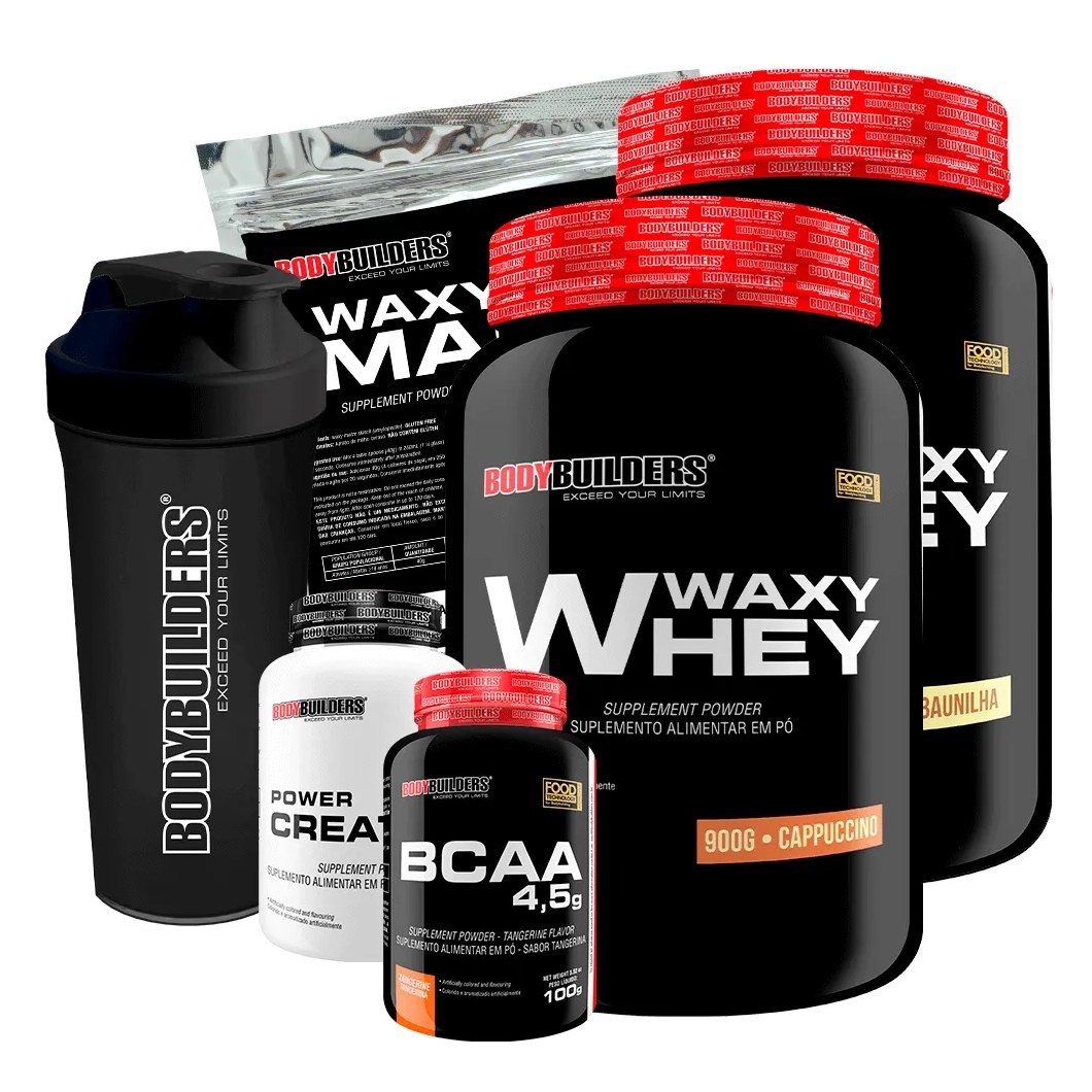 Kit 2x Waxy Whey 900g + Bcaa 100g + Power Creatine 100g + Waxy Maize 800g + Coq – Bodybuilders Baunilha e Cappuccino