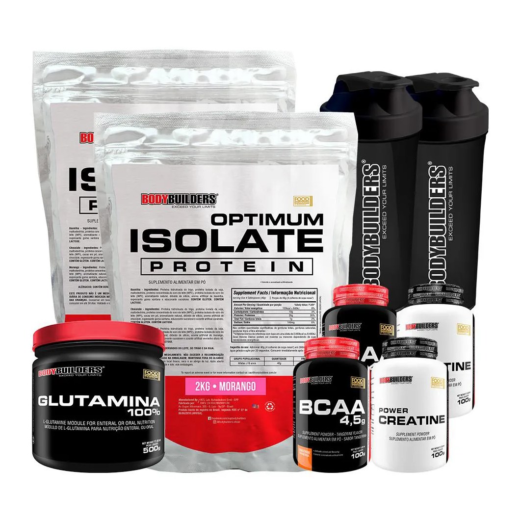 Kit 2x Optimum Isolate Protein 2kg + 2x Bcaa100g+ 2x Creatina100g + Glutamina 500g + 2x Coqueteleira Sabor Morango - Bodybuilders