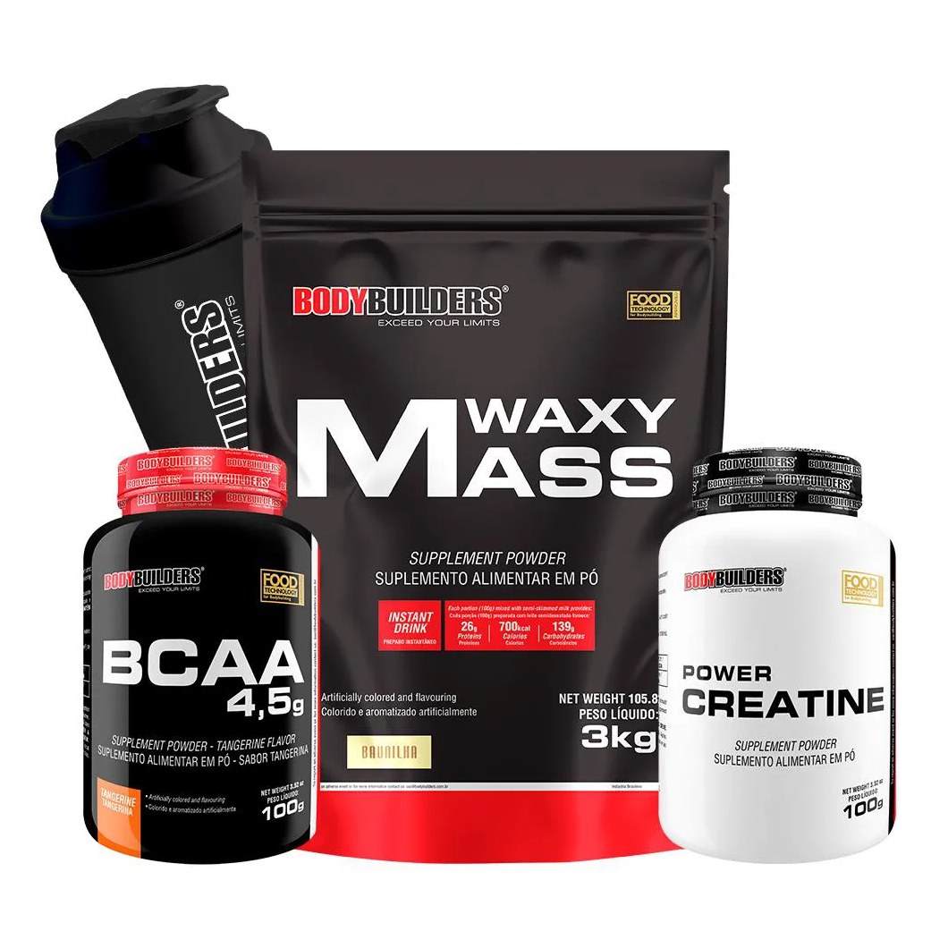 Kit Hipercalórico Waxy Mass 3kg + Bcaa 4,5 100g + Power Creatina 100g + Coqueteleira Sabor Baunilha – Bodybuilders
