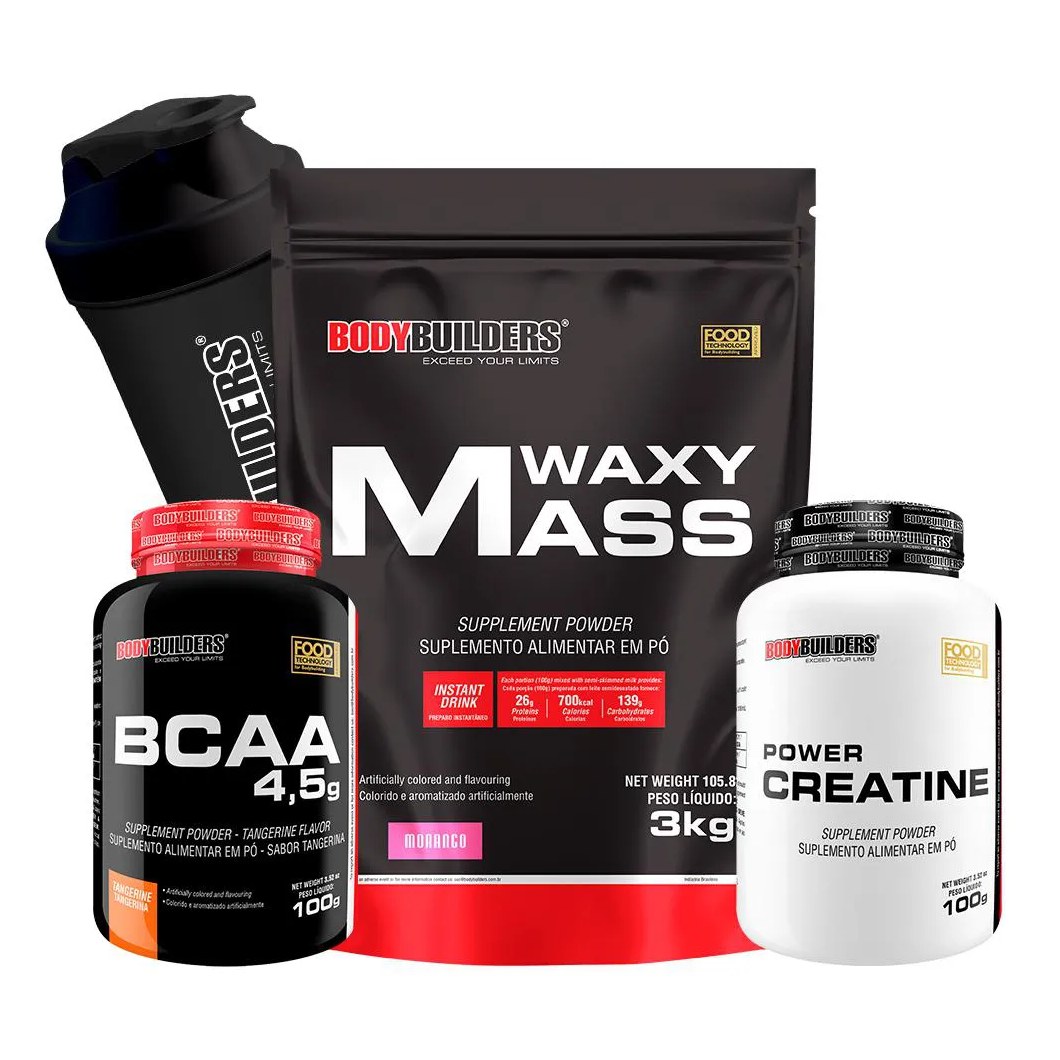 Kit Hipercalórico Waxy Mass 3kg + Bcaa 4,5 100g + Power Creatina 100g + Coqueteleira Sabor Morango – Bodybuilders