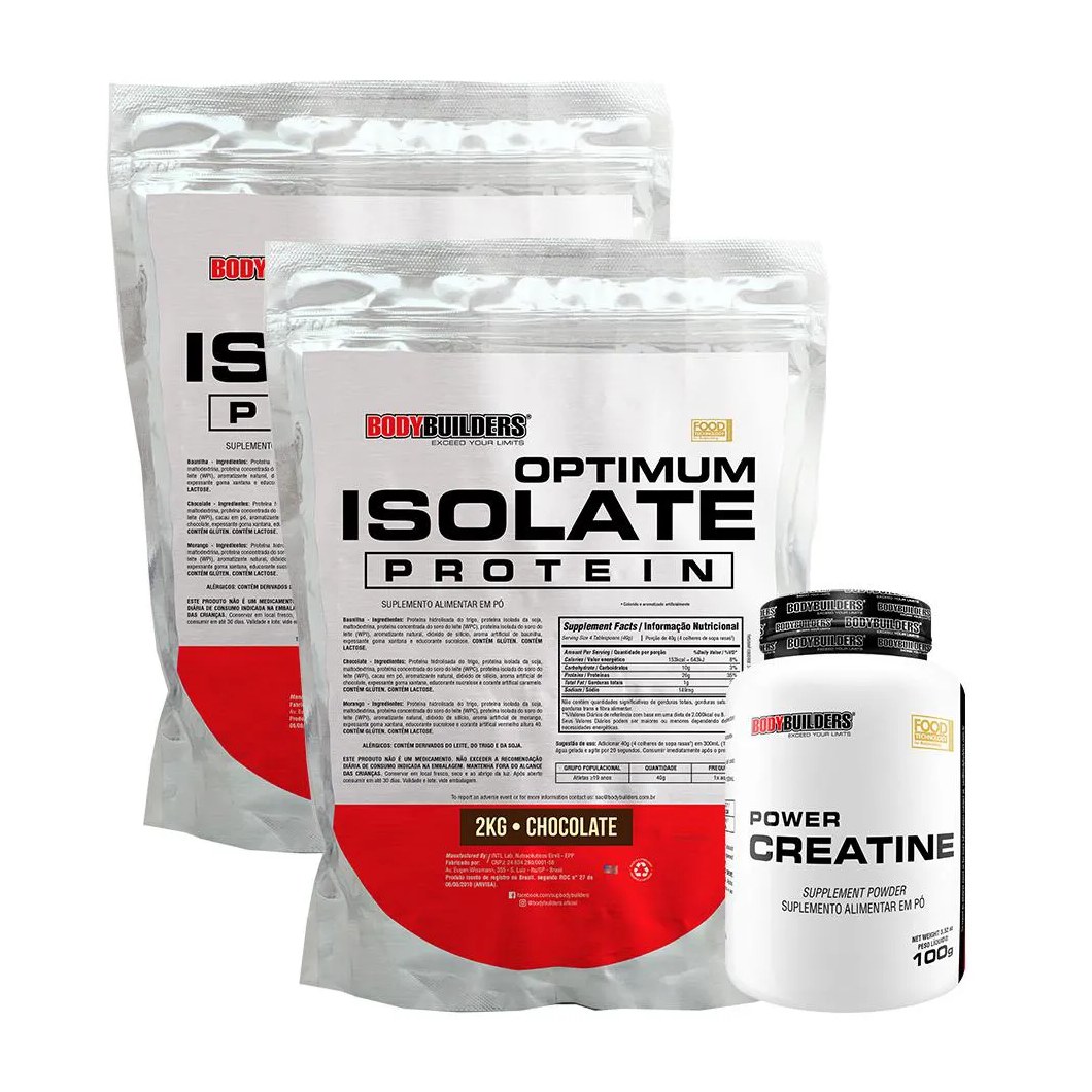 Kit 2x Optimum Isolate Whey Protein 2kg + Power Creatina 100g Sabor Chocolate - Bodybuilders