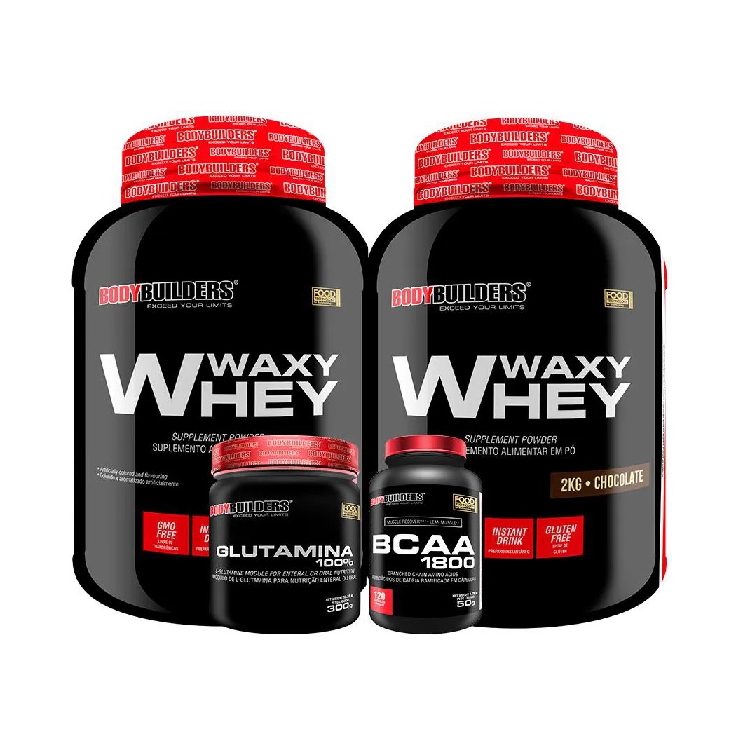 Kit 2x Whey Protein Waxy Whey 2kg + Glutamina 300g + Bcaa 1800 120 cápsulas - Bodybuilders Chocolate