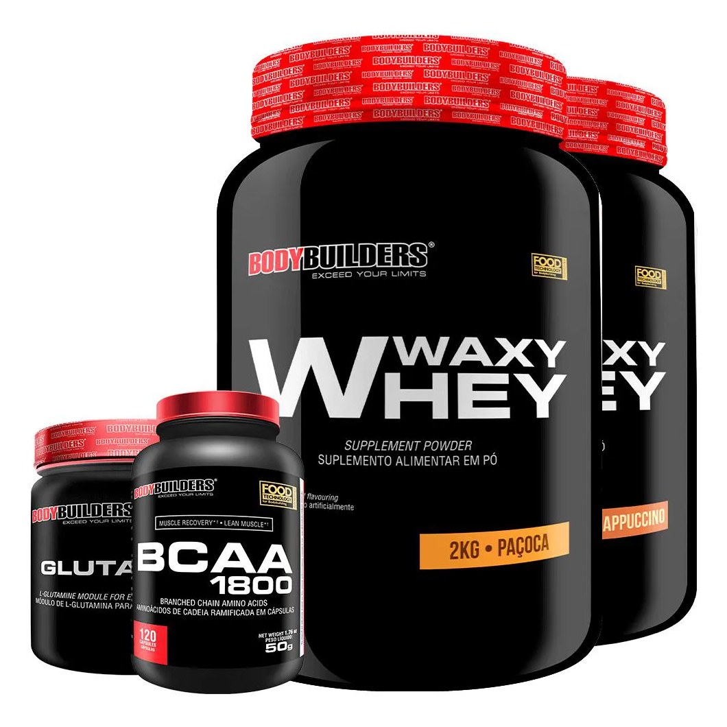 Kit 2x Whey Protein Waxy Whey 2kg + Glutamina 300g + Bcaa 1800 120 cápsulas - Bodybuilders Cappuccino e Paçoca