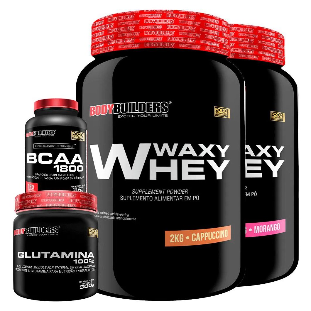 Kit 2x Whey Protein Waxy Whey 2kg + Glutamina 300g + Bcaa 1800 120 cápsulas - Bodybuilders Morango e Cappuccino