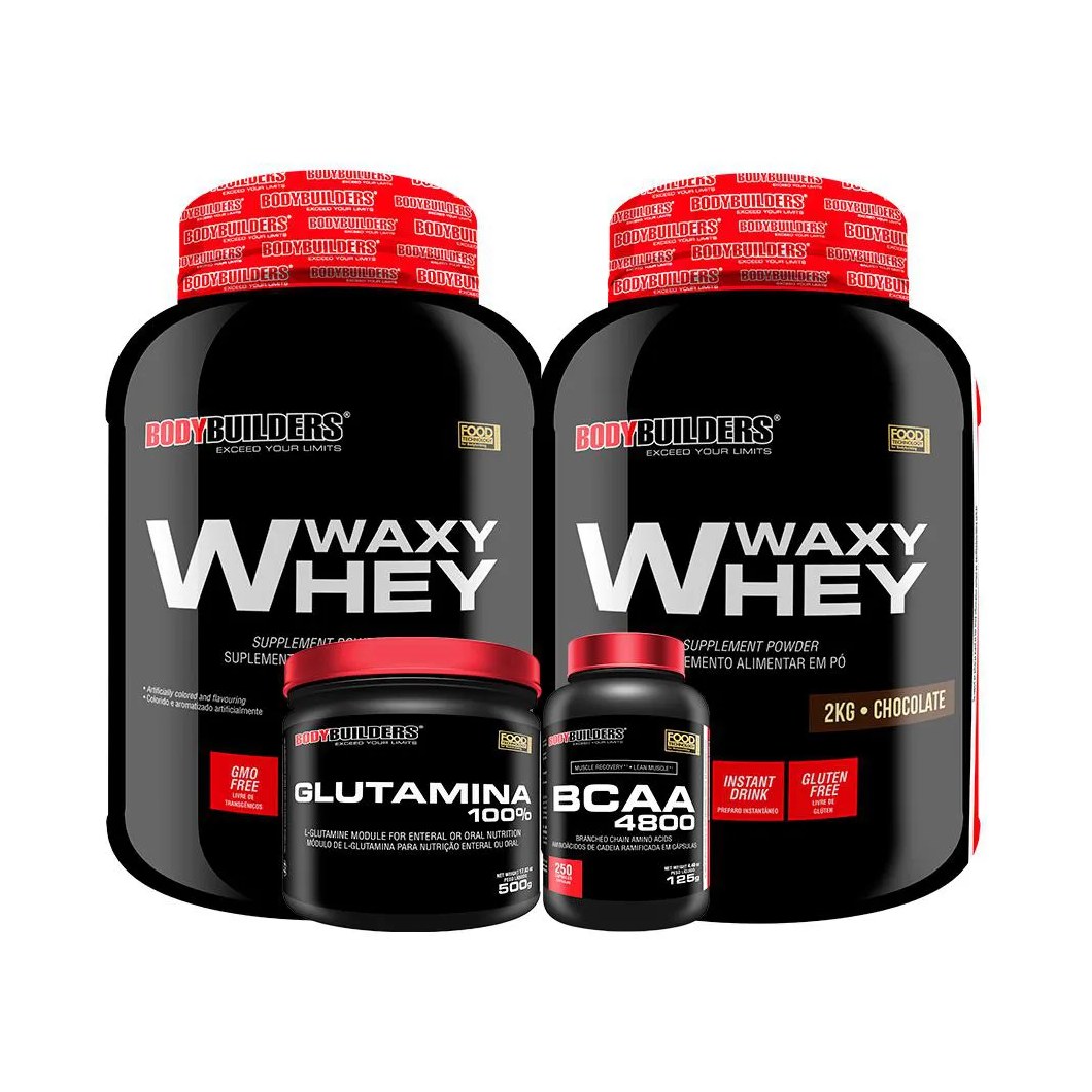 Kit 2x Whey Protein Waxy Whey 2kg + Glutamina 500g + Bcaa 4800 250 cápsulas - Bodybuilders Chocolate