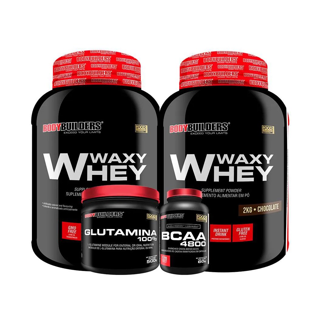 Kit 2x Whey Protein Waxy Whey 2kg + Glutamina 500g + Bcaa 4800 120 cápsulas - Bodybuilders Cappuccino e Morango