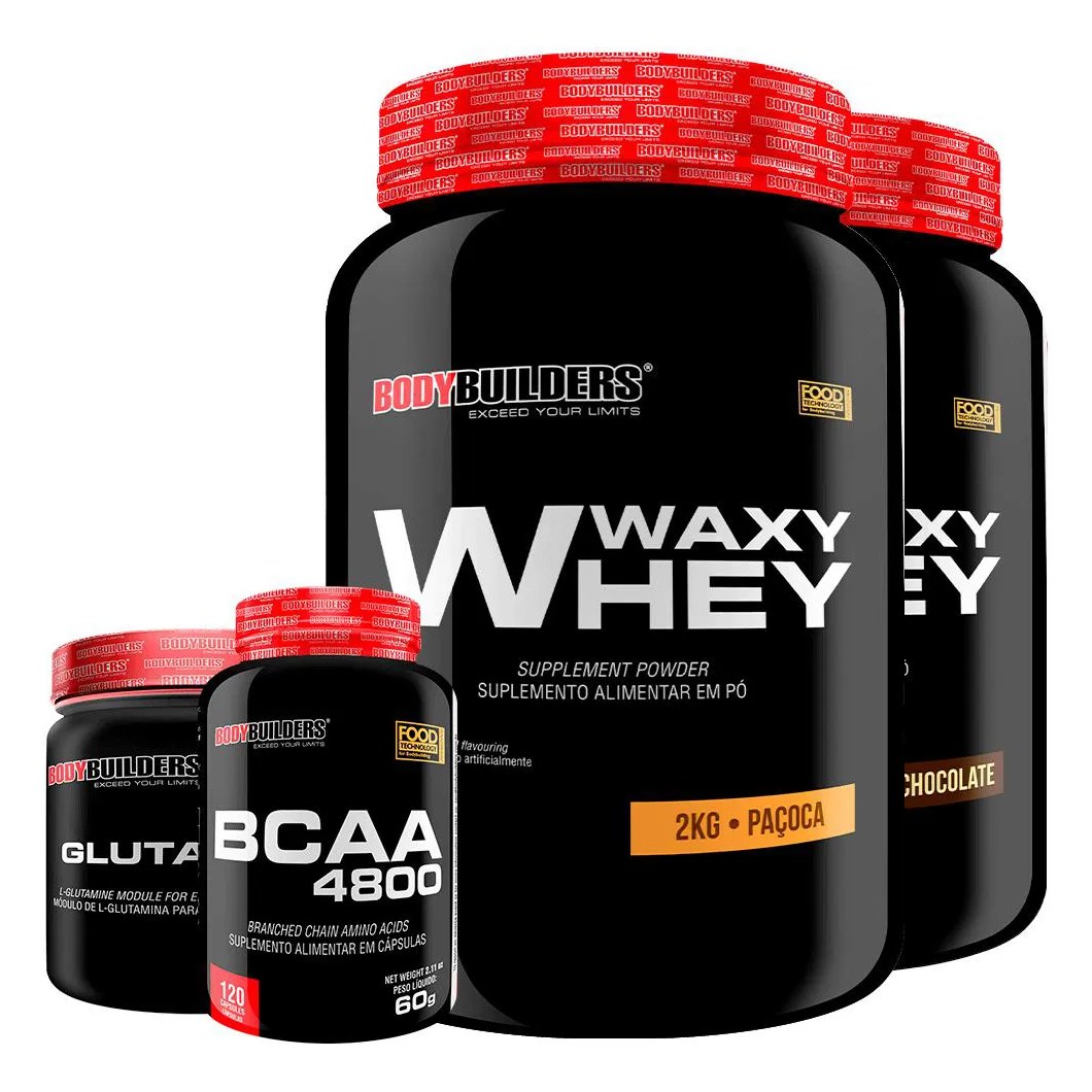Kit 2x Whey Protein Waxy Whey 2kg + Glutamina 500g + Bcaa 4800 120 cápsulas - Bodybuilders Chocolate e Paçoca