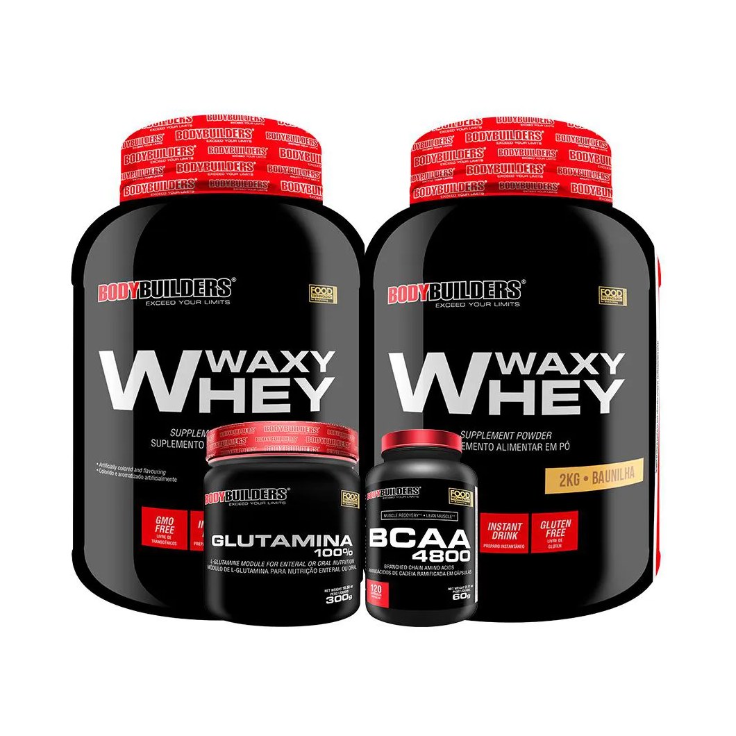 Kit 2x Whey Protein Waxy Whey 2kg + Glutamina 300g + Bcaa 4800 120 cápsulas - Bodybuilders Baunilha