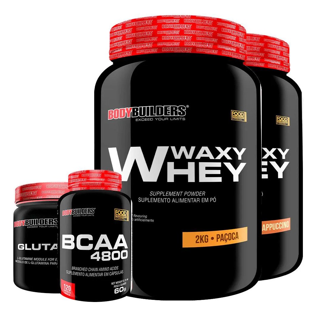 Kit 2x Whey Protein Waxy Whey 2kg + Glutamina 300g + Bcaa 4800 120 cápsulas - Bodybuilders Cappuccino e Paçoca
