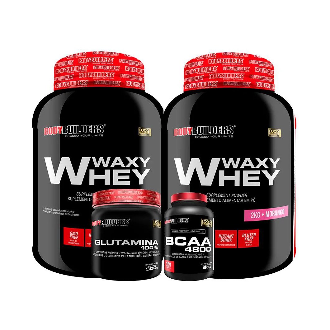 Kit 2x Whey Protein Waxy Whey 2kg + Glutamina 300g + Bcaa 4800 120 cápsulas - Bodybuilders Morango