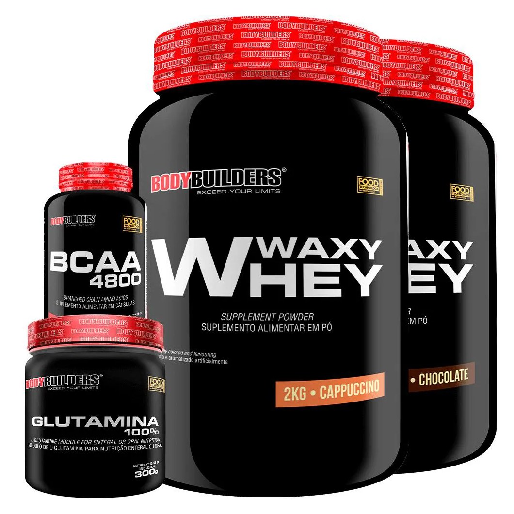 Kit 2x Whey Protein Waxy Whey 2kg + Glutamina 300g + Bcaa 4800 120 cápsulas - Bodybuilders Cappuccino e Chocolate