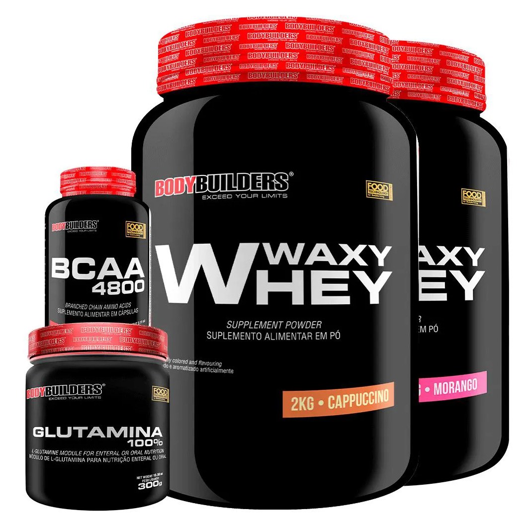 Kit 2x Whey Protein Waxy Whey 2kg + Glutamina 300g + Bcaa 4800 120 cápsulas - Bodybuilders Cappuccino e Morango