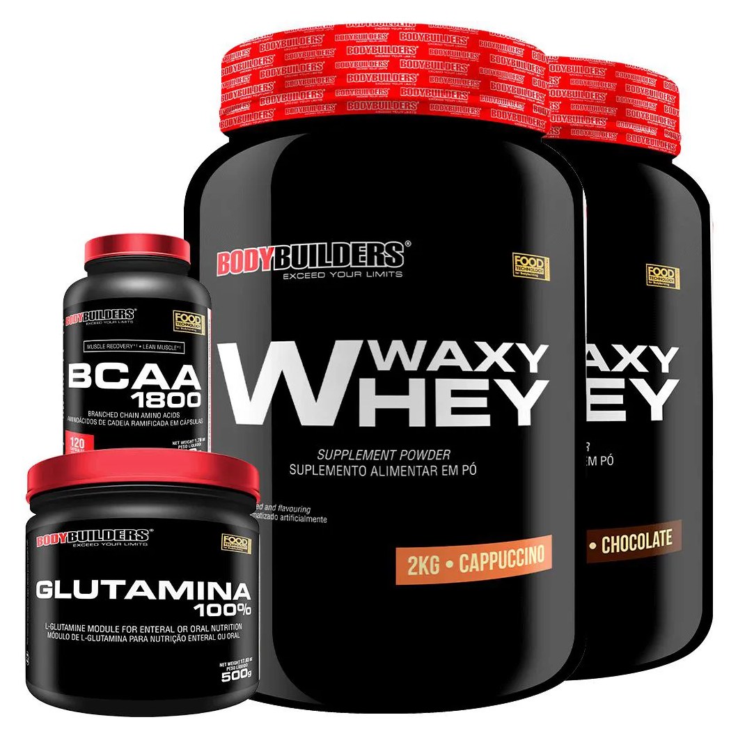 Kit 2x Whey Protein Waxy Whey 2kg + Glutamina 500g + Bcaa 1800 120 cápsulas - Bodybuilders Cappuccino e Chocolate