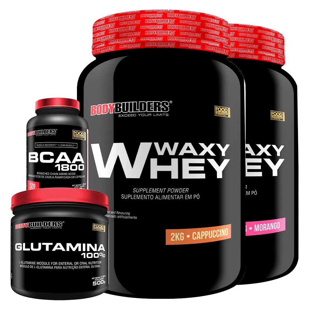 Kit 2x Whey Protein Waxy Whey 2kg + Glutamina 500g + Bcaa 1800 120 cápsulas - Bodybuilders Cappuccino e Morango