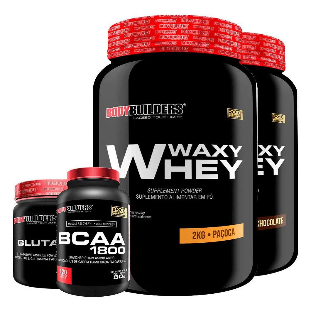 Kit 2x Whey Protein Waxy Whey 2kg + Glutamina 500g + Bcaa 1800 120 cápsulas - Bodybuilders Chocolate e Paçoca