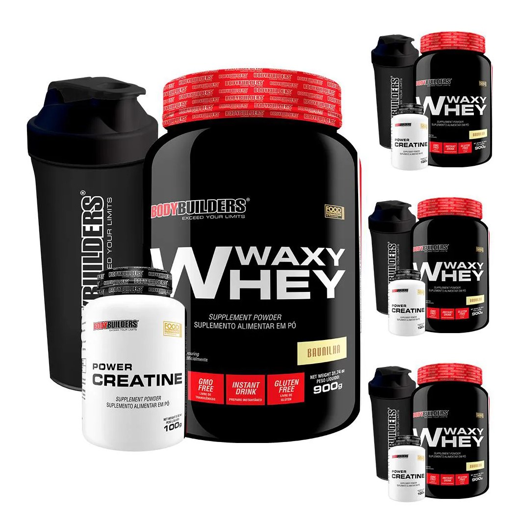 Kit 4x Whey Protein Waxy Whey 900g + 4x Power Creatina 100g + 4x Coqueteleira - Bodybuilders Morango