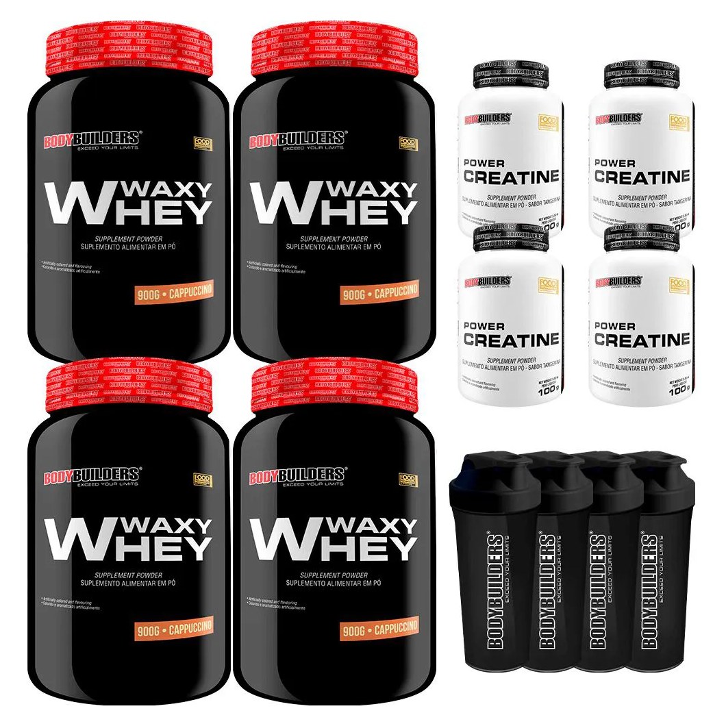 Kit 4x Whey Protein Waxy Whey 900g + 4x Power Creatina 100g + 4x Coqueteleira - Bodybuilders Cappuccino